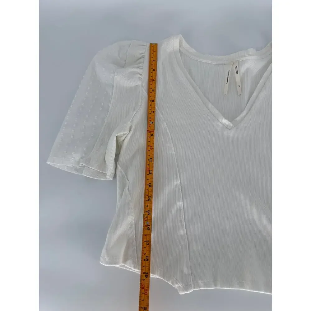 Anthropologie Womens XLP Ivory Rib Knit Puff Sleeve V Neck Swiss Dot Top Blouse